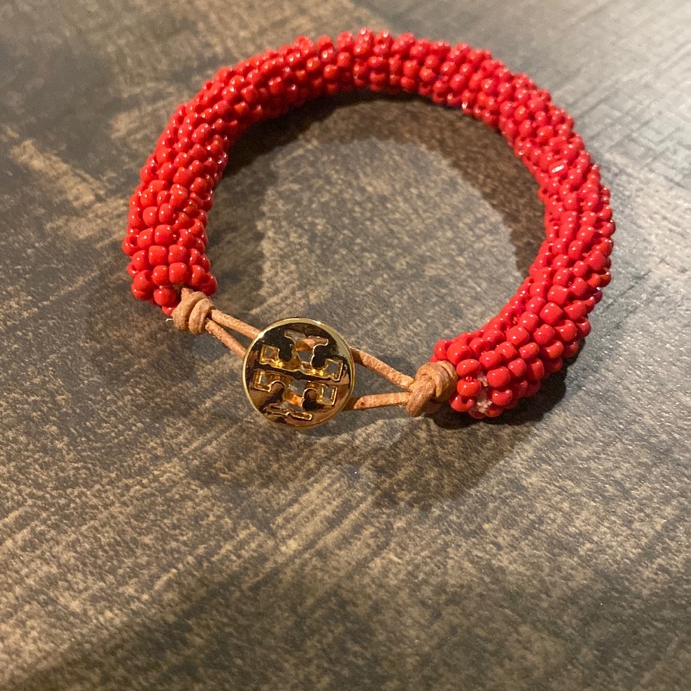 Tory Burch coral, red, orange beaded bracelet with gold clasp
